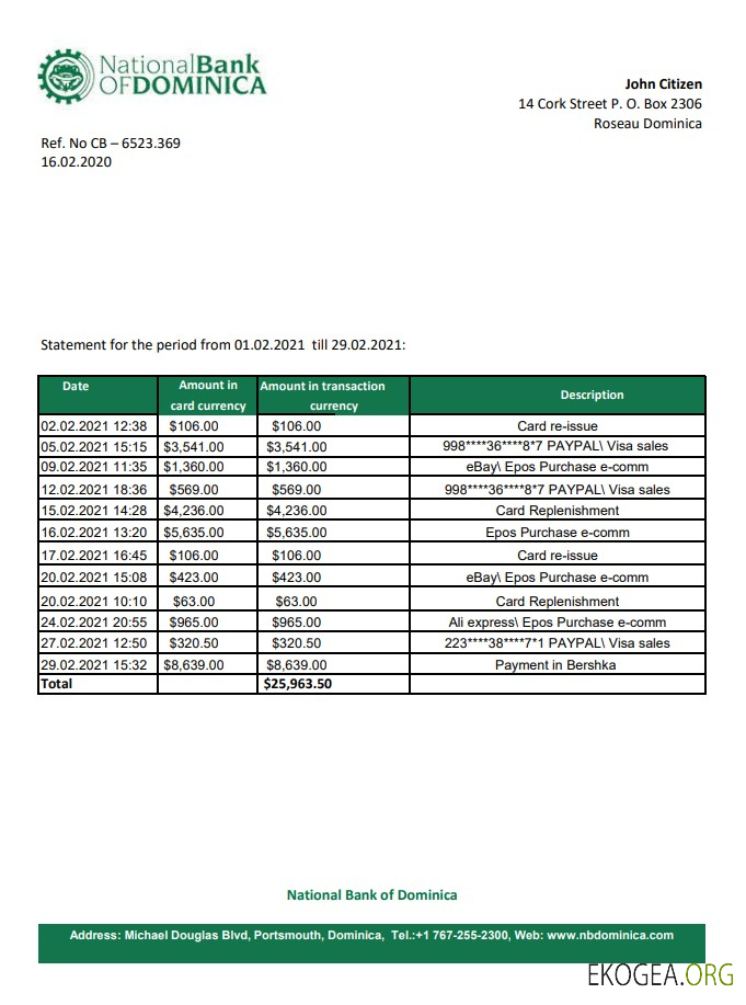 Modèle de relevé bancaire de la Banque nationale de la Dominique facile à remplir au format Excel et PDF